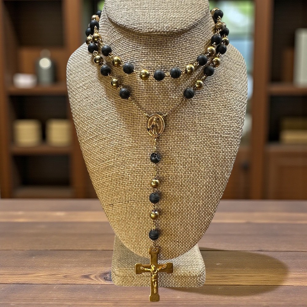 Gold Tone Black Rosary Necklace Stainless Steel Crucifix Miraculous Medal 20 In